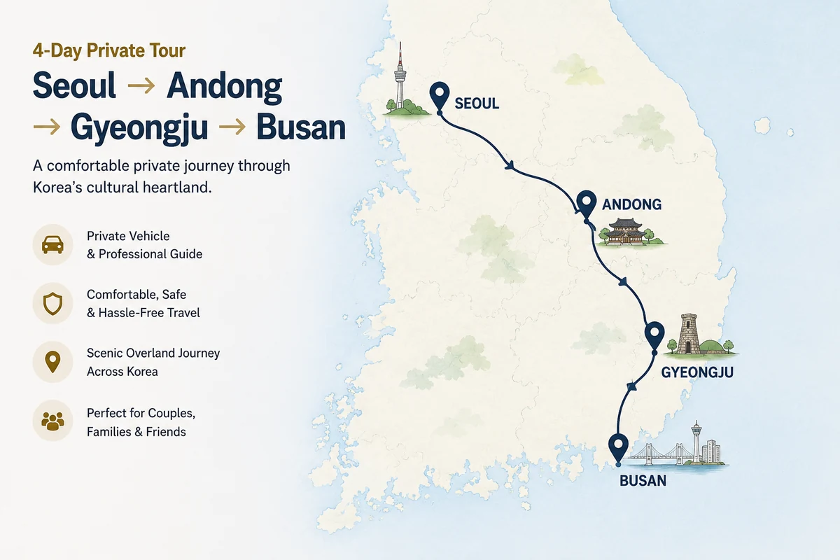 4-Day Private Tour route map: Seoul → Andong → Gyeongju → Busan