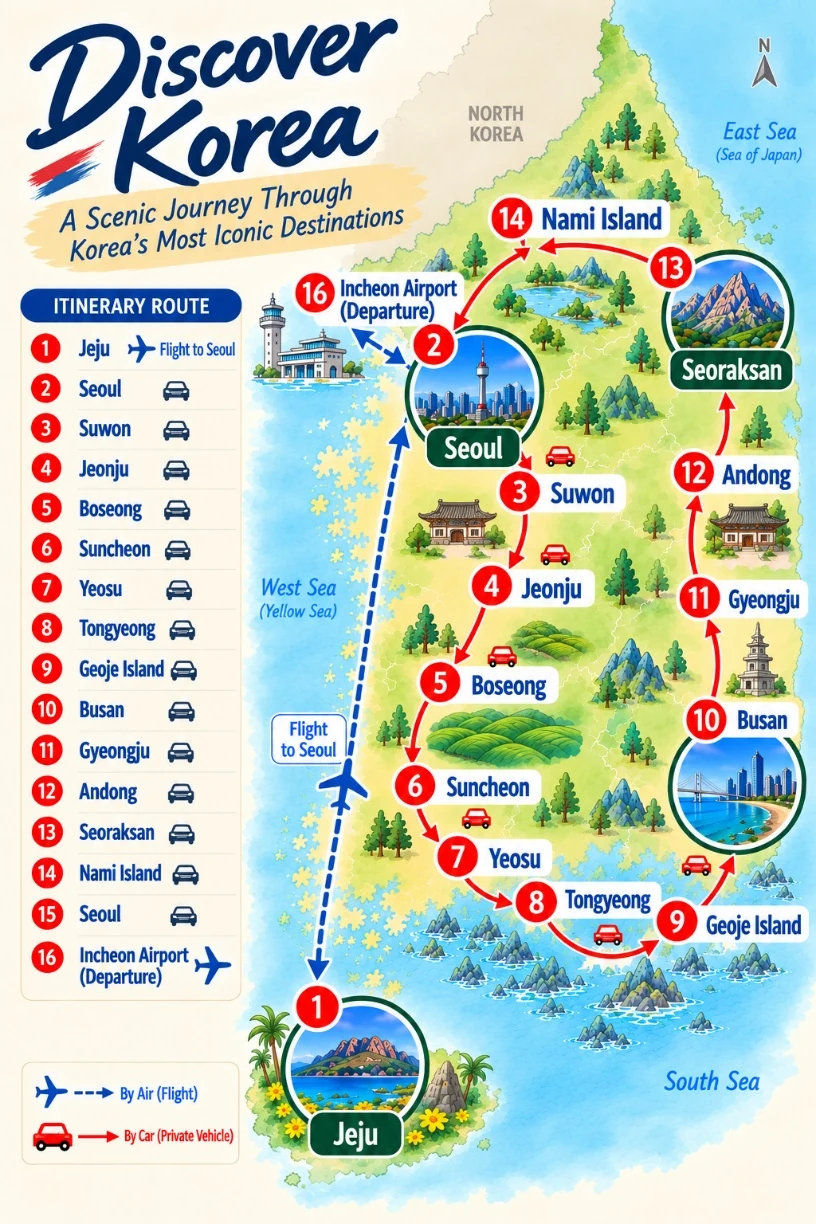 17-Day Korea Grand Nationwide Private Tour route map: Jeju → Seoul → Suwon → Jeonju → Boseong → Suncheon → Yeosu → Tongyeong → Geoje → Busan → Gyeongju → Andong → Seoraksan → Nami Island → Seoul