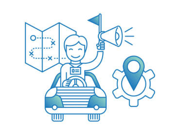 Illustration depicting a tour guide, map, and custom icon.